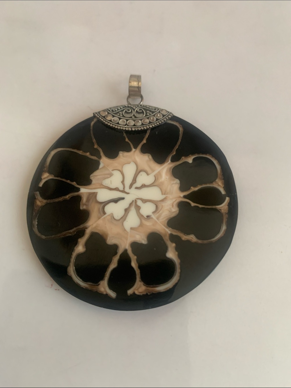 Artisan Black and Cream Floral Resin Pendant - Unbranded